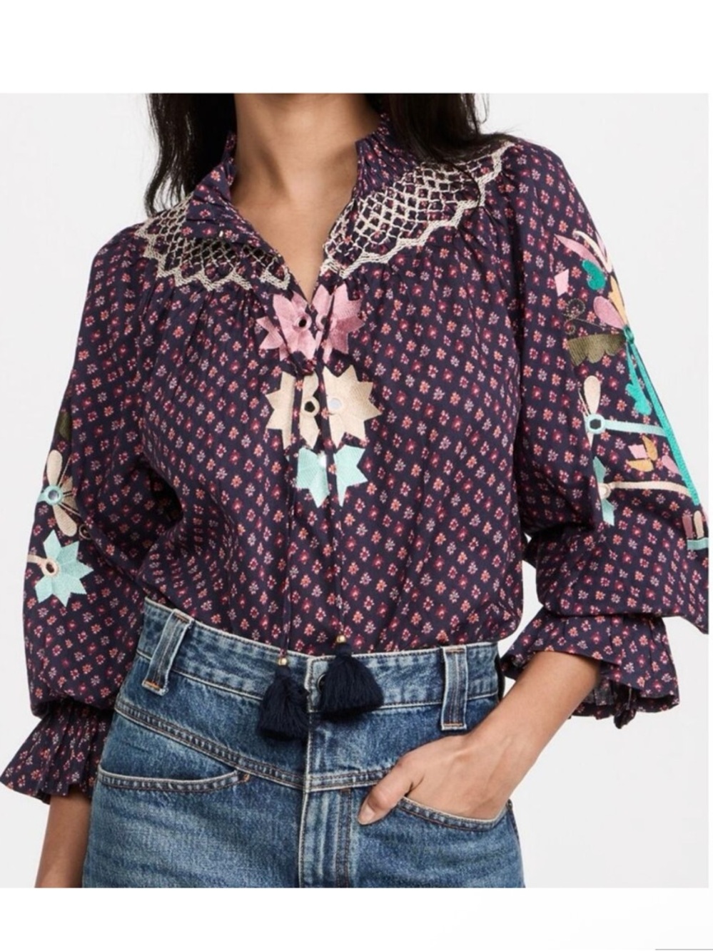 FIGUE Charlie Embroidered Peasant Tassel Top Foulard Mini Berry Oversized Sz XS
